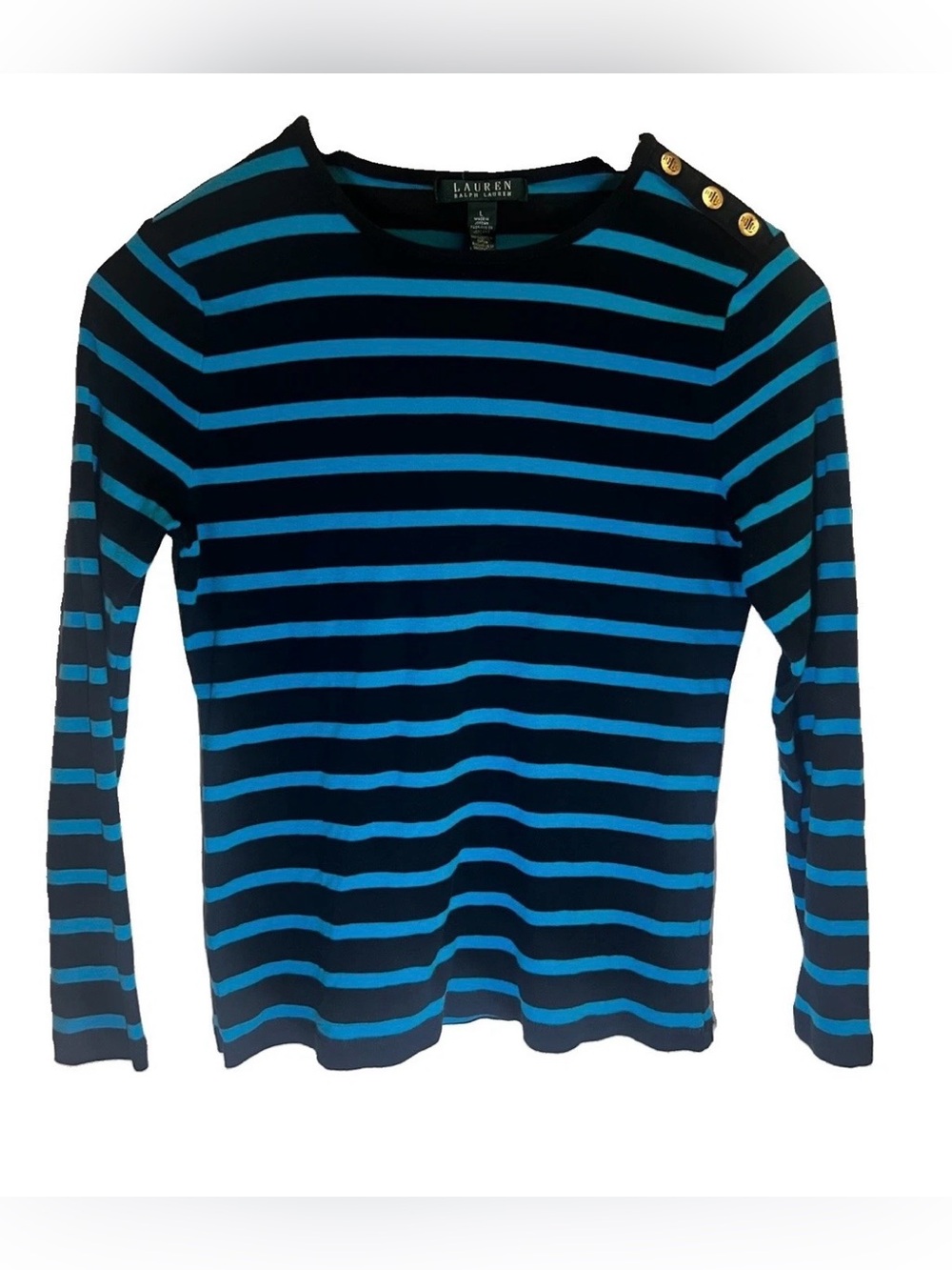 Ralph Lauren Navy & Teal Striped Long-Sleeve Tee with Shoulder Buttons